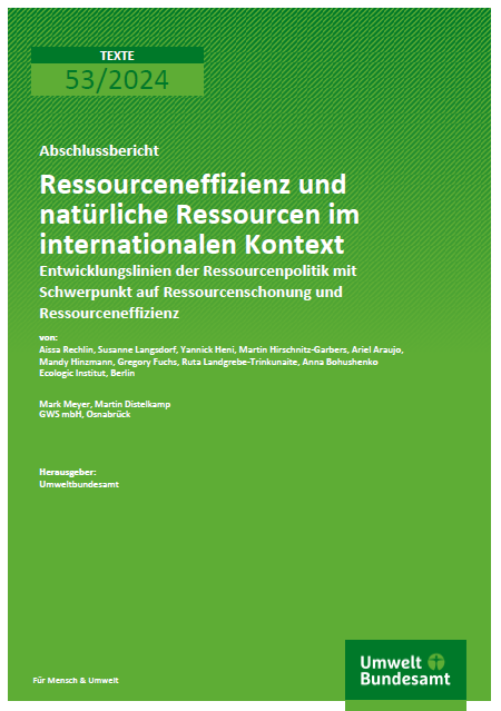 cover of the UBA report "Ressourceneffizienz und natürliche Ressourcen im internationalen Kontext. Entwicklungslinien der Ressourcenpolitik mit Schwerpunkt auf Ressourcenschonung und Ressourceneffizienz"
